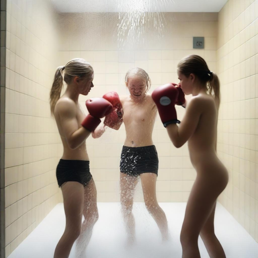 An 18-year-old beautiful blonde girl and her 19-year-old sister boxing against two other girls in a large shower area