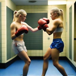 A muscular 19-year-old blonde girl boxing with a 21-year-old man in the showers of a locker room