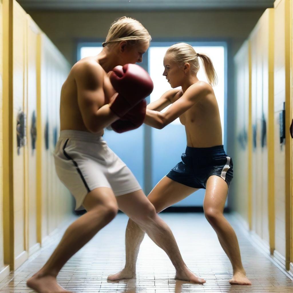 A muscular 19-year-old blonde girl boxing with a 21-year-old man in the showers of a locker room