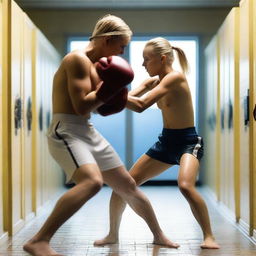 A muscular 19-year-old blonde girl boxing with a 21-year-old man in the showers of a locker room