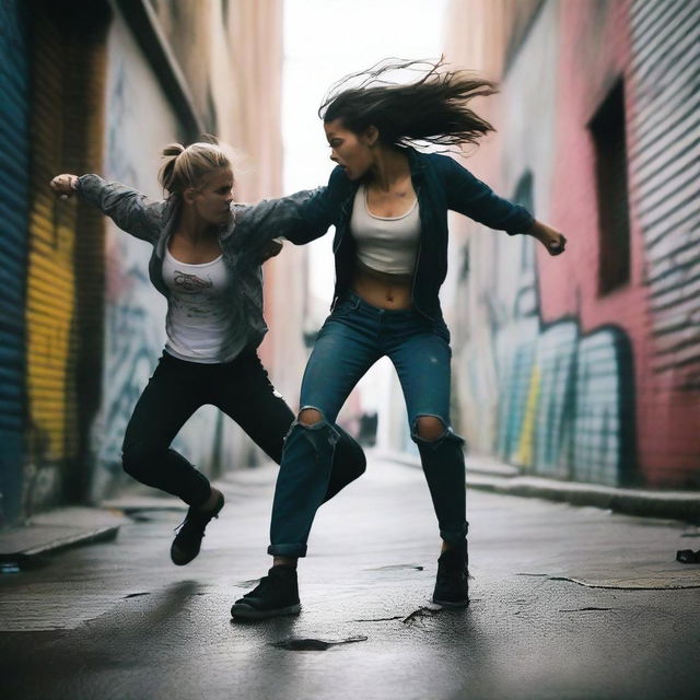 Two 23-year-old women having a street fight, with one woman on top of the other