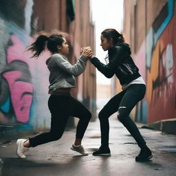 Two 23-year-old women having a street fight, with one woman on top of the other