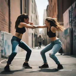 Two 23-year-old women having a street fight, with one woman on top of the other