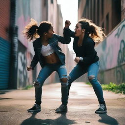 Two 23-year-old women having a street fight, with one woman on top of the other