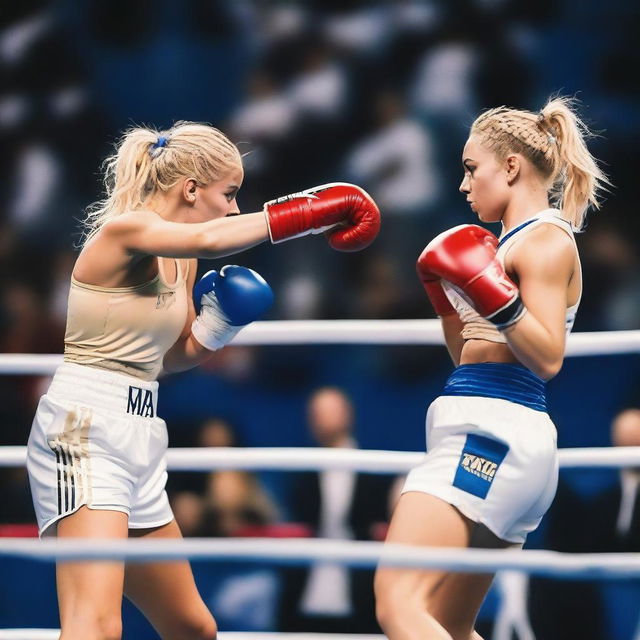 Two 26-year-old blonde female influencers boxing at an event in the Santiago Bernabéu Stadium