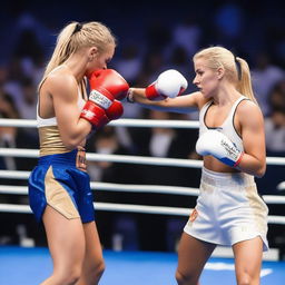 Two 26-year-old blonde female influencers boxing at an event in the Santiago Bernabéu Stadium