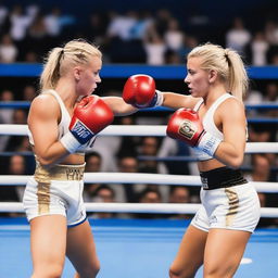 Two 26-year-old blonde female influencers boxing at an event in the Santiago Bernabéu Stadium