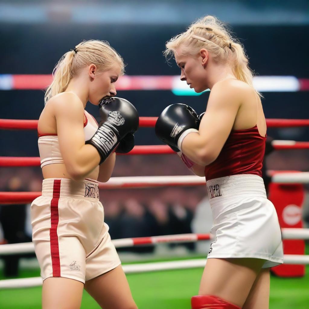 Two 26-year-old blonde female influencers boxing at an event in Anfield Stadium