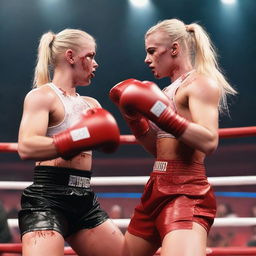 Two 26-year-old blonde female influencers boxing, covered in blood, at an event in Anfield Stadium