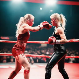 Two 26-year-old blonde female influencers boxing, covered in blood, at an event in Anfield Stadium