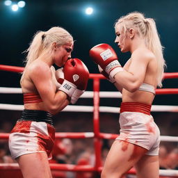 Two 26-year-old blonde female influencers boxing, covered in blood, at an event in Anfield Stadium