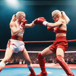 Two 26-year-old blonde female influencers boxing, covered in blood, at an event in Anfield Stadium