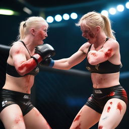 Two 19-year-old blonde amateur women fighting in an MMA match, covered in blood