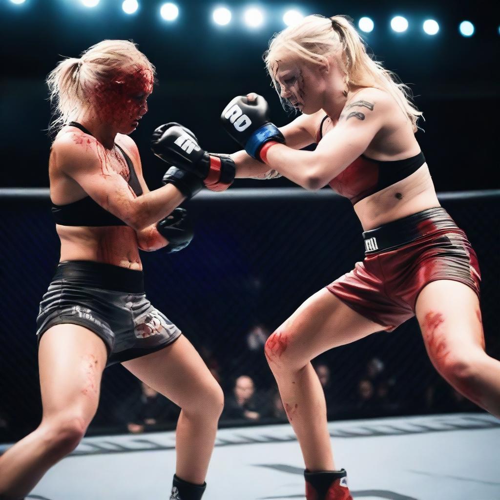 Two 19-year-old blonde amateur women fighting in an MMA match, covered in blood