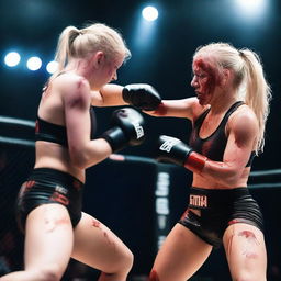 Two 19-year-old blonde amateur women fighting in an MMA match, covered in blood