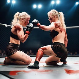 Two 19-year-old blonde amateur women fighting in an MMA match, covered in blood