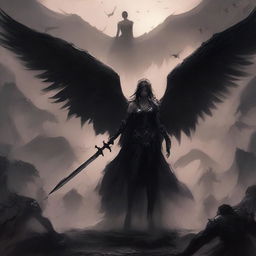 A powerful scene featuring a female fallen angel with dark, ethereal wings, standing beside a warlord made of shadows