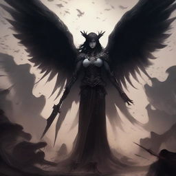 A powerful scene featuring a female fallen angel with dark, ethereal wings, standing beside a warlord made of shadows