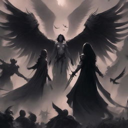 A powerful scene featuring a female fallen angel with dark, ethereal wings, standing beside a warlord made of shadows