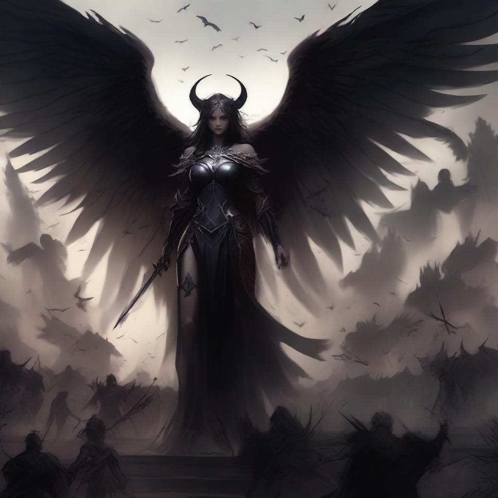 A powerful scene featuring a female fallen angel with dark, ethereal wings, standing beside a warlord made of shadows