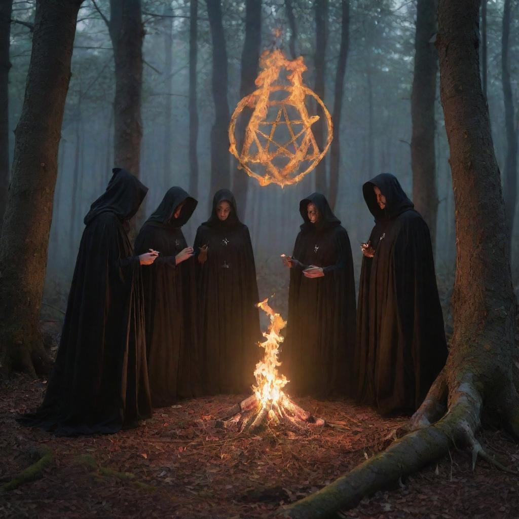 A beguiling night scene in a dense forest where four exclusive cloaked figures gather around an aflame witchy pentagram, adding a sense of mystery and enchantment.