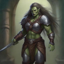 A detailed illustration of a female half-orc