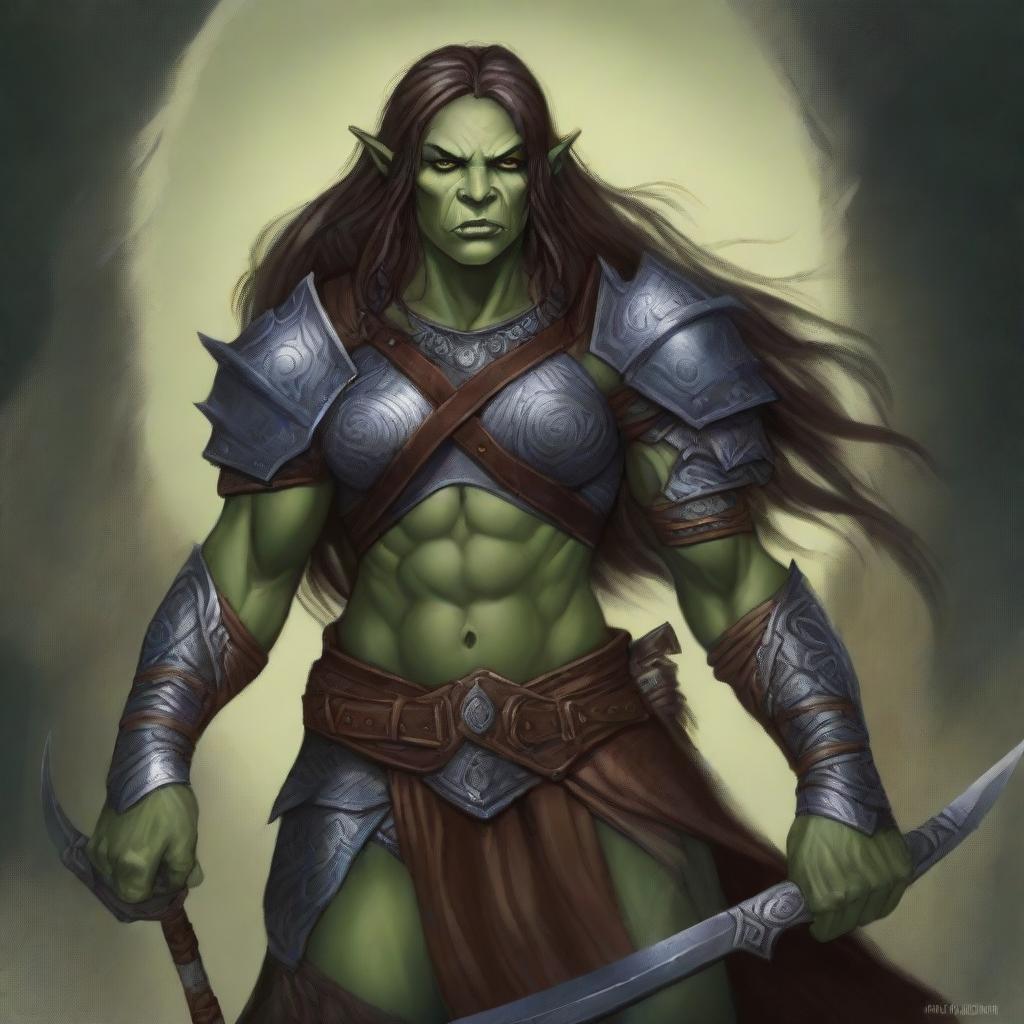 A detailed illustration of a female half-orc