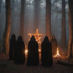 A beguiling night scene in a dense forest where four exclusive cloaked figures gather around an aflame witchy pentagram, adding a sense of mystery and enchantment.