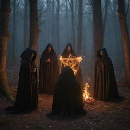 A beguiling night scene in a dense forest where four exclusive cloaked figures gather around an aflame witchy pentagram, adding a sense of mystery and enchantment.