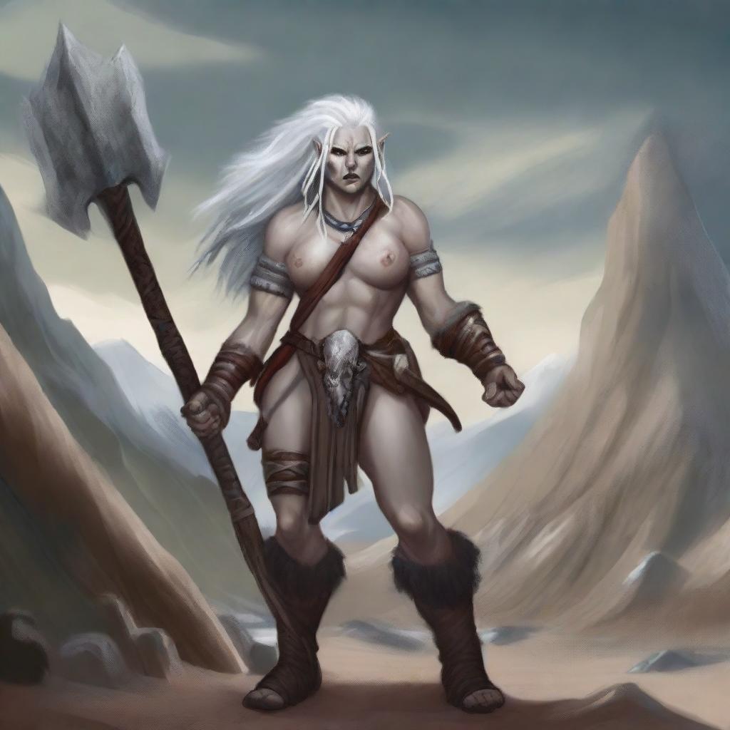 A detailed illustration of a female half-orc albino barbarian