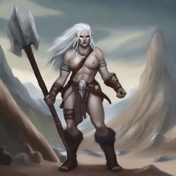 A detailed illustration of a female half-orc albino barbarian