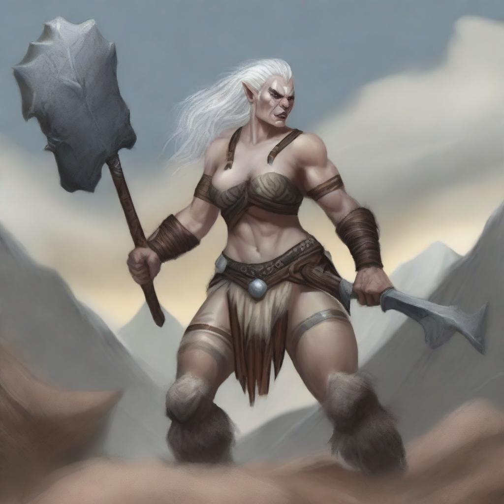 A detailed illustration of a female half-orc albino barbarian