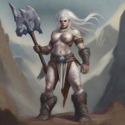 A detailed illustration of a female half-orc albino barbarian