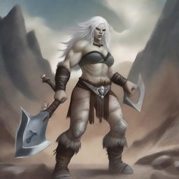 A detailed illustration of a female half-orc albino barbarian