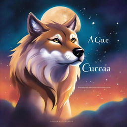 A book cover featuring a wolf-lion hybrid, a wolf with a lion's mane, gazing at a bright, glowing moon with stars shining intensely