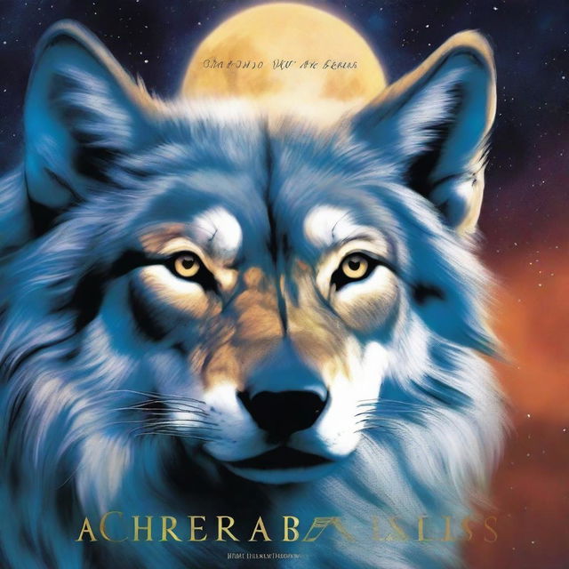 A book cover featuring a wolf-lion hybrid, a wolf with a lion's mane, gazing at a bright, glowing moon with stars shining intensely