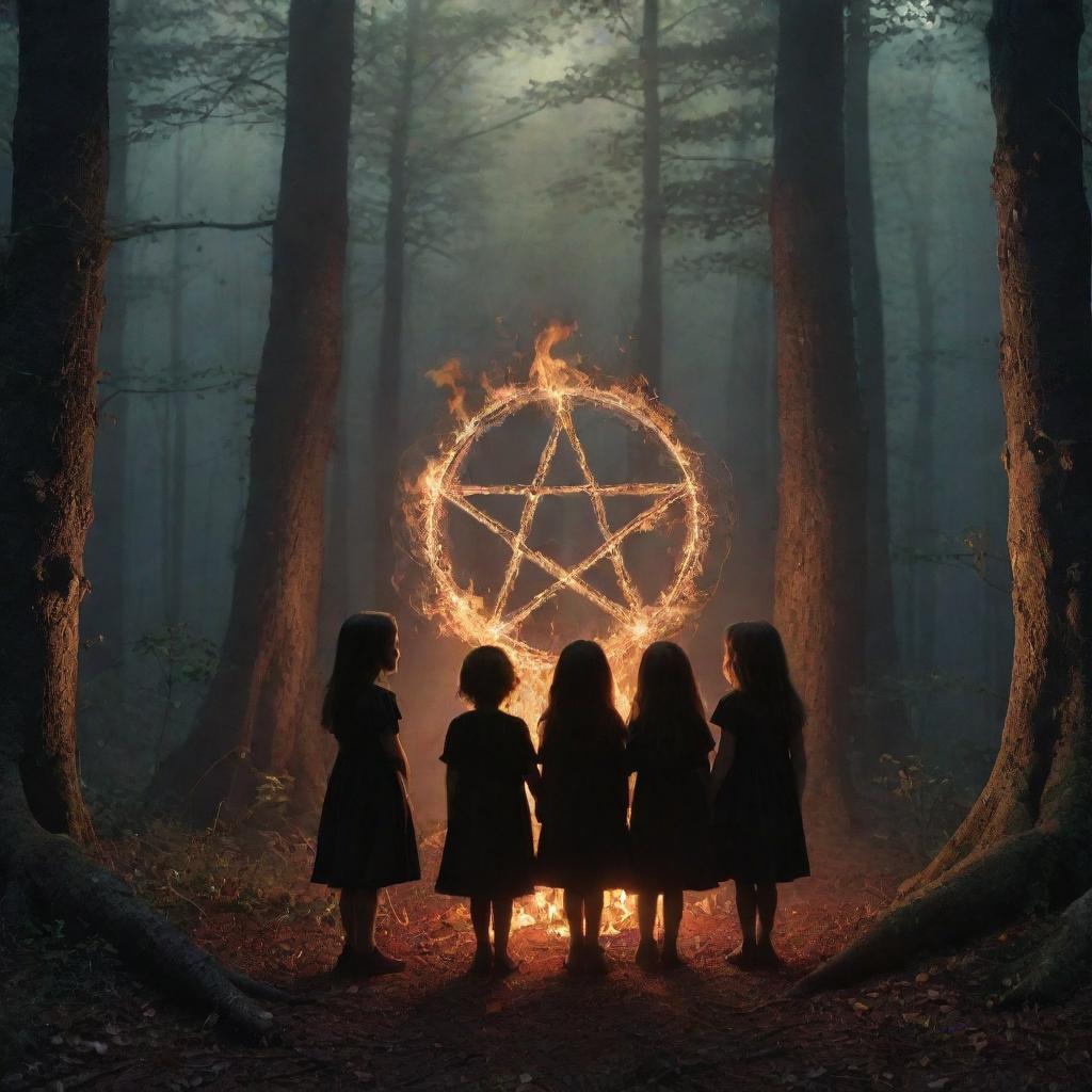 A mysterious night scene featuring four children encircling a blazing, witchy pentagram, situated in the heart of a dense forest, producing an aura of intrigue and wonder.