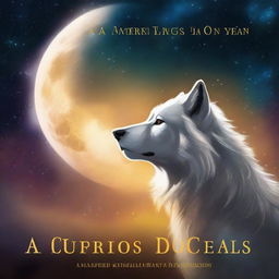 A book cover featuring a wolf-lion hybrid, a wolf with a lion's mane, gazing at a bright, glowing moon with stars shining intensely