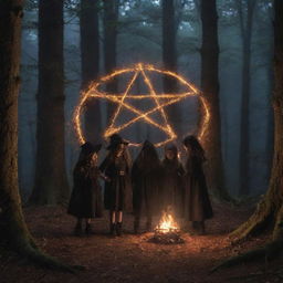 A mysterious night scene featuring four children encircling a blazing, witchy pentagram, situated in the heart of a dense forest, producing an aura of intrigue and wonder.