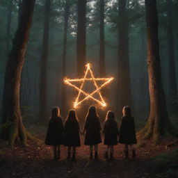 A mysterious night scene featuring four children encircling a blazing, witchy pentagram, situated in the heart of a dense forest, producing an aura of intrigue and wonder.