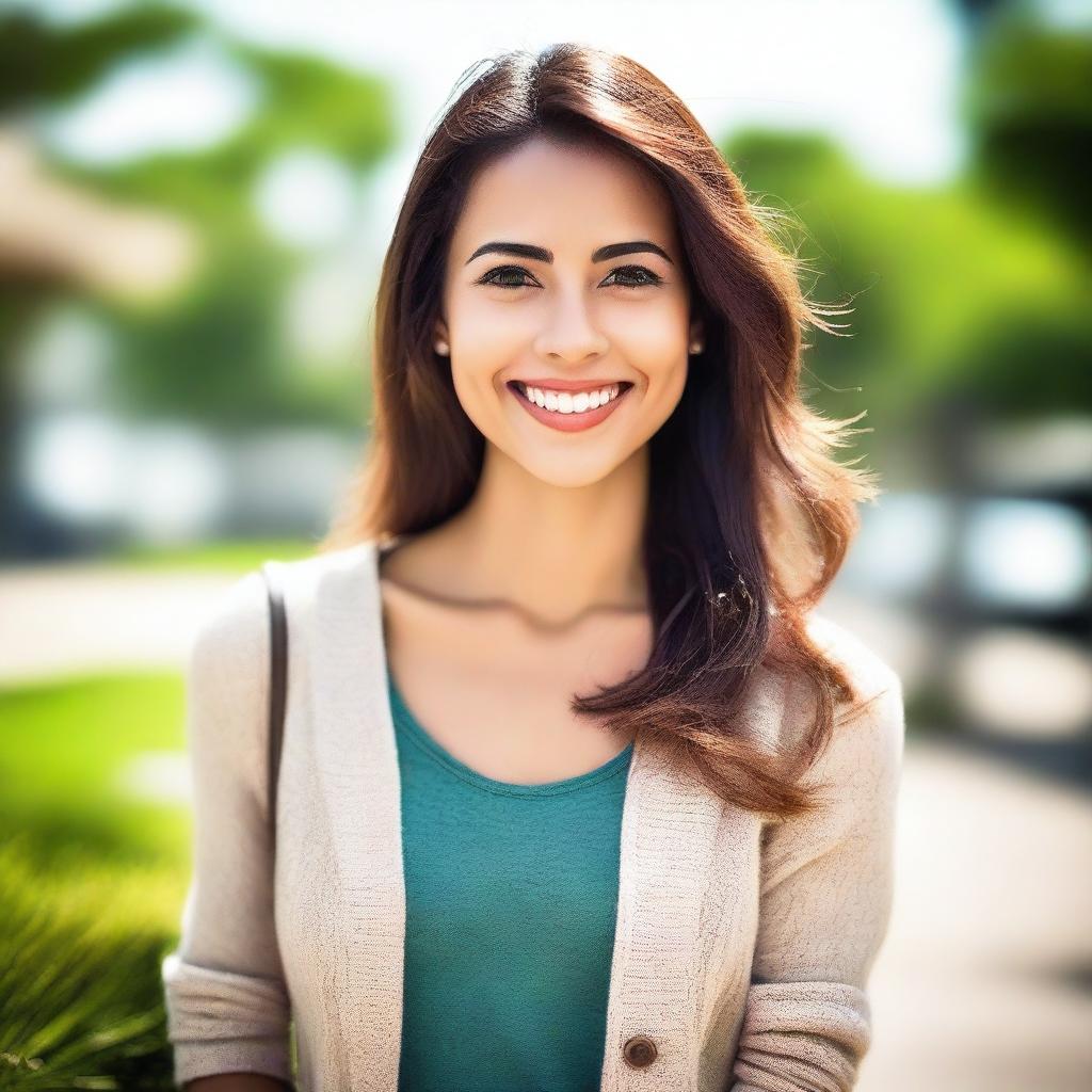 Create an image of an attractive person with a warm smile and friendly demeanor