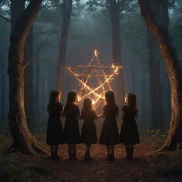 A mysterious night scene featuring four children encircling a blazing, witchy pentagram, situated in the heart of a dense forest, producing an aura of intrigue and wonder.