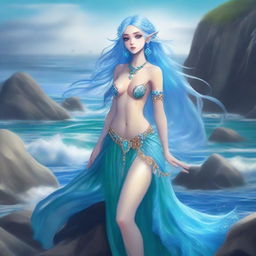 A graceful sea elf with flowing blue hair and shimmering scales, standing on a rocky shore with the ocean waves crashing behind