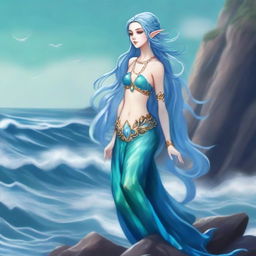 A graceful sea elf with flowing blue hair and shimmering scales, standing on a rocky shore with the ocean waves crashing behind