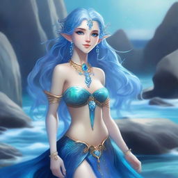 A graceful sea elf with flowing blue hair and shimmering scales, standing on a rocky shore with the ocean waves crashing behind