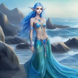 A graceful sea elf with flowing blue hair and shimmering scales, standing on a rocky shore with the ocean waves crashing behind