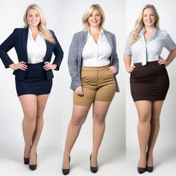 Create a series of images featuring a blonde teacher with a curvy figure, including huge breasts and a large ass