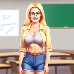 Portrait of an attractive blonde teacher wearing shorts and a crop top shirt, looking at the viewer