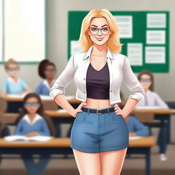 Portrait of an attractive blonde teacher wearing shorts and a crop top shirt, looking at the viewer