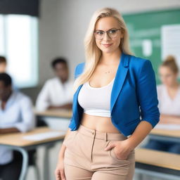 Portrait of an attractive blonde teacher wearing shorts and a crop top shirt, looking at the viewer